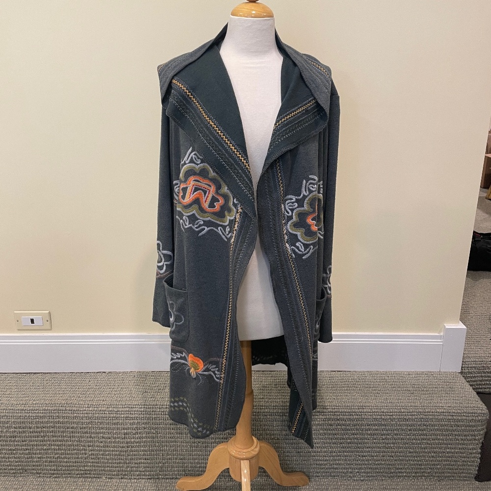 Paparazzi, Embroidered Hoodie Cardigan Sweater, XL, Teal-Gray